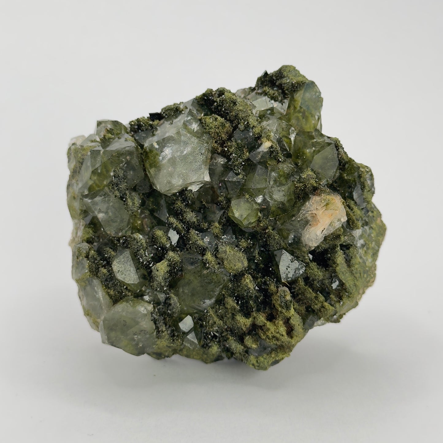 forest epidote cluster with clear quartz